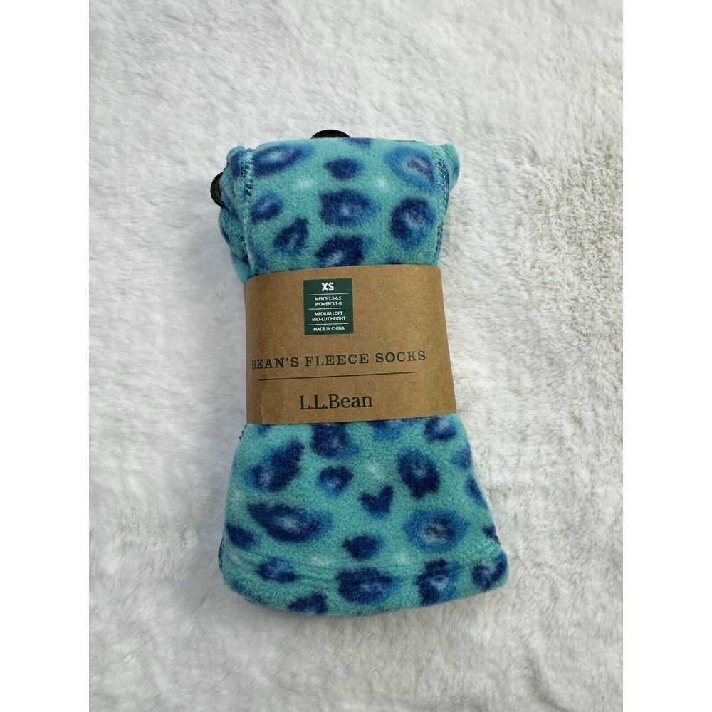LL Bean Bean's Fleece Socks Turquoise Leopard XS Women 7 - 8 / Men 5.5 - 6.5